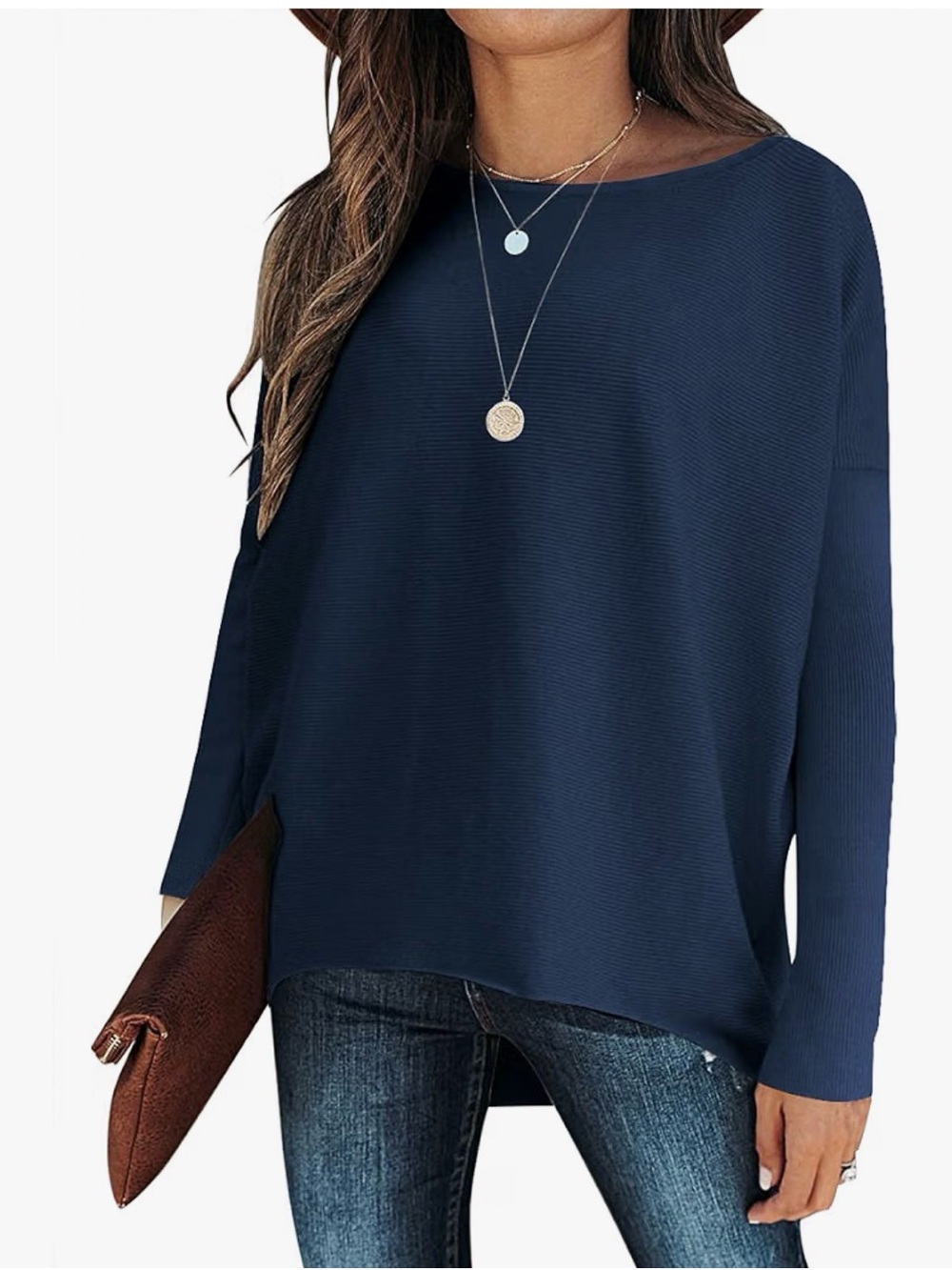 Oversized Casual Boat Neck, Batwing Sleeve Asymmetric Hem Knit Slouch sweater